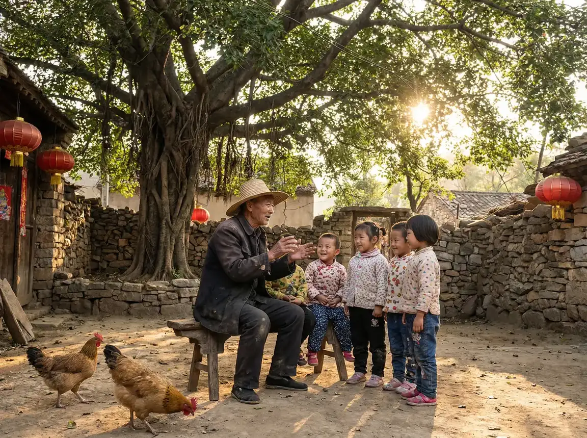 老人在大榕树下给孩子们讲故事 - 穿越之贤妻守则 乡村记忆